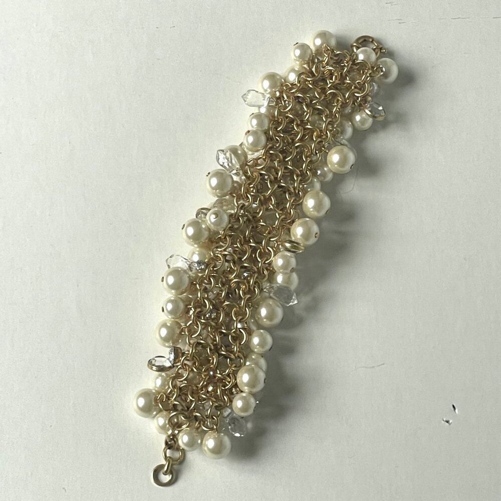 J.Crew Faux Pearl & Crystal Cluster Gold Chain Statement Bracelet - Picture 7 of 10